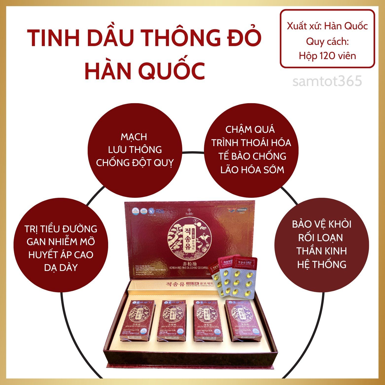 TINH DẦU THÔNG ĐỎ SOLIFE HÀN QUỐC - 120 VIÊN NÉN - GIẢM ĐAU KHỚP, TRỊ MỠ MÁU, ỔN ĐỊNH HUYẾT ÁP VÀ CHỐNG ĐỘT QUỴ